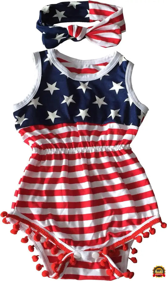 4Th of July Toddler Baby Girl American Flag Tassel Romper with Headband