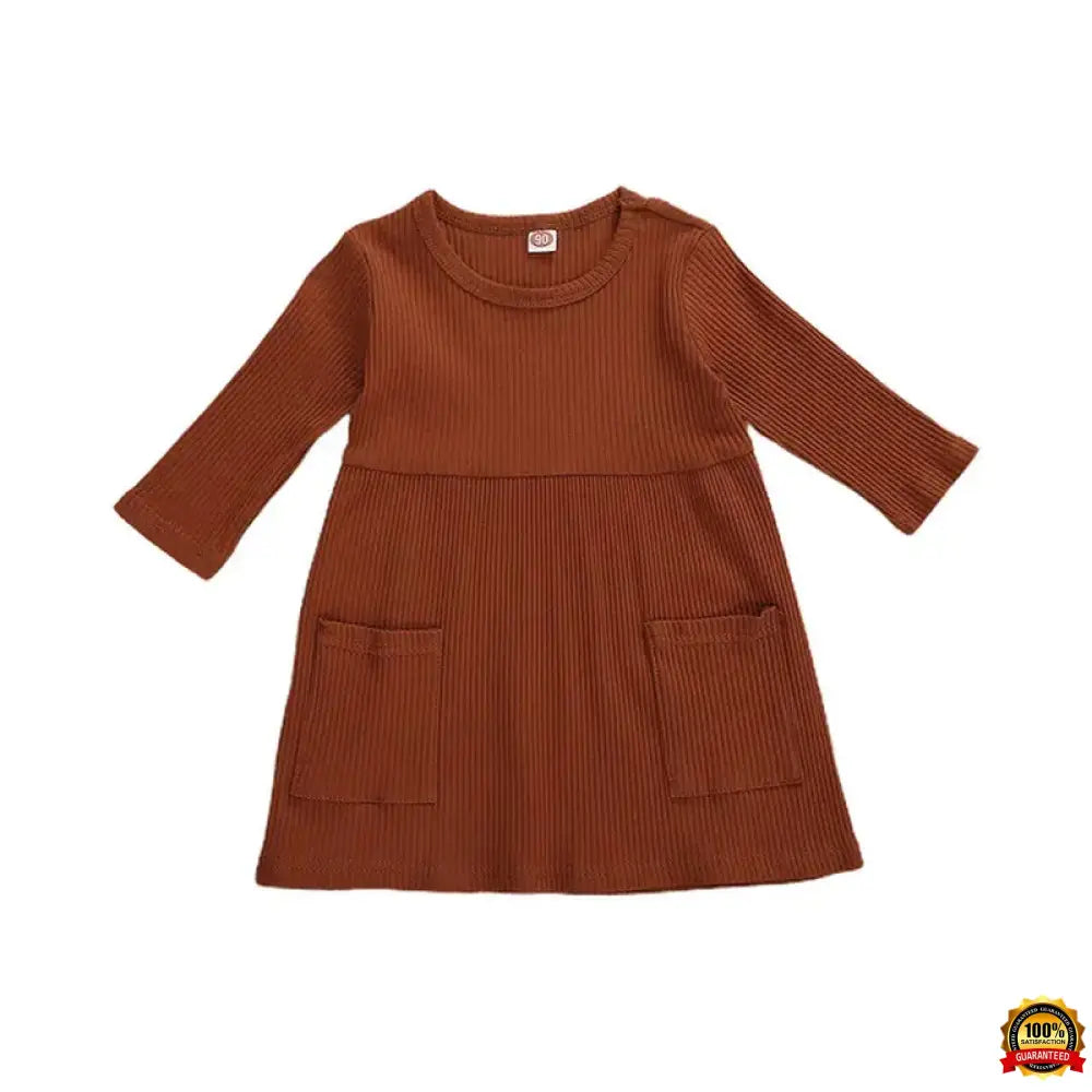 4 Colors Infant Baby Girls Autumn Knit Dress Three Quarter Sleeve Solid Pocket Knee Length A-Line Dress