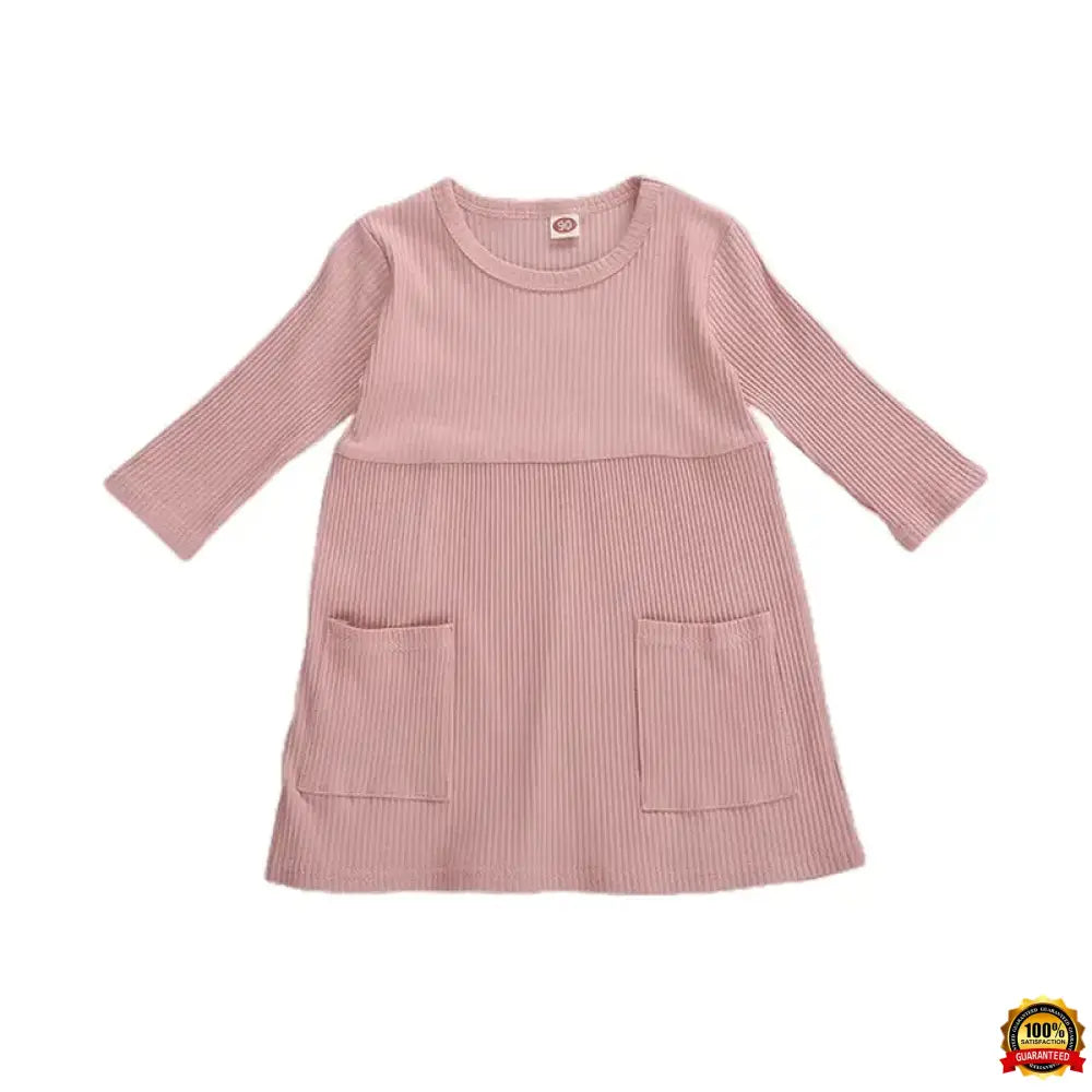 4 Colors Infant Baby Girls Autumn Knit Dress Three Quarter Sleeve Solid Pocket Knee Length A-Line Dress