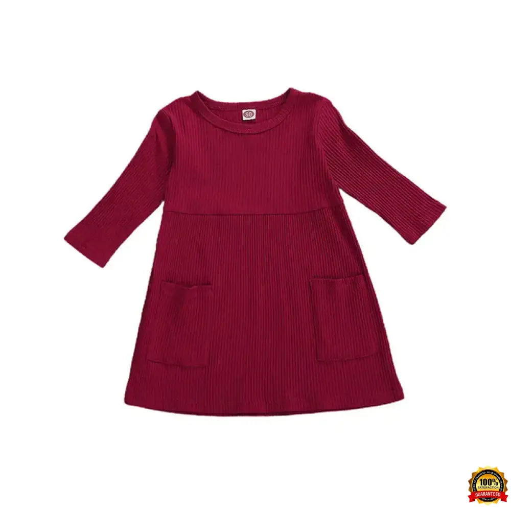 4 Colors Infant Baby Girls Autumn Knit Dress Three Quarter Sleeve Solid Pocket Knee Length A-Line Dress