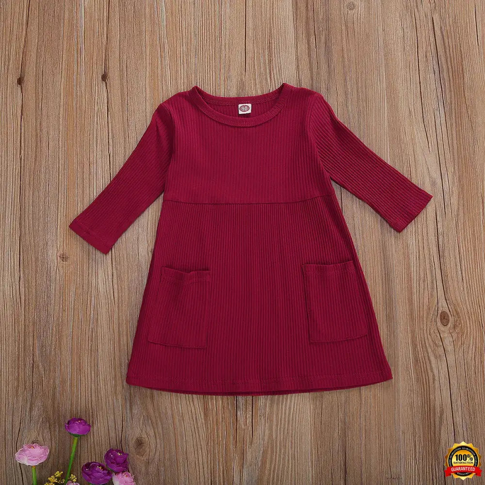 4 Colors Infant Baby Girls Autumn Knit Dress Three Quarter Sleeve Solid Pocket Knee Length A-Line Dress