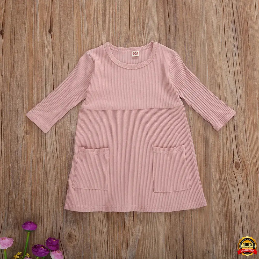 4 Colors Infant Baby Girls Autumn Knit Dress Three Quarter Sleeve Solid Pocket Knee Length A-Line Dress