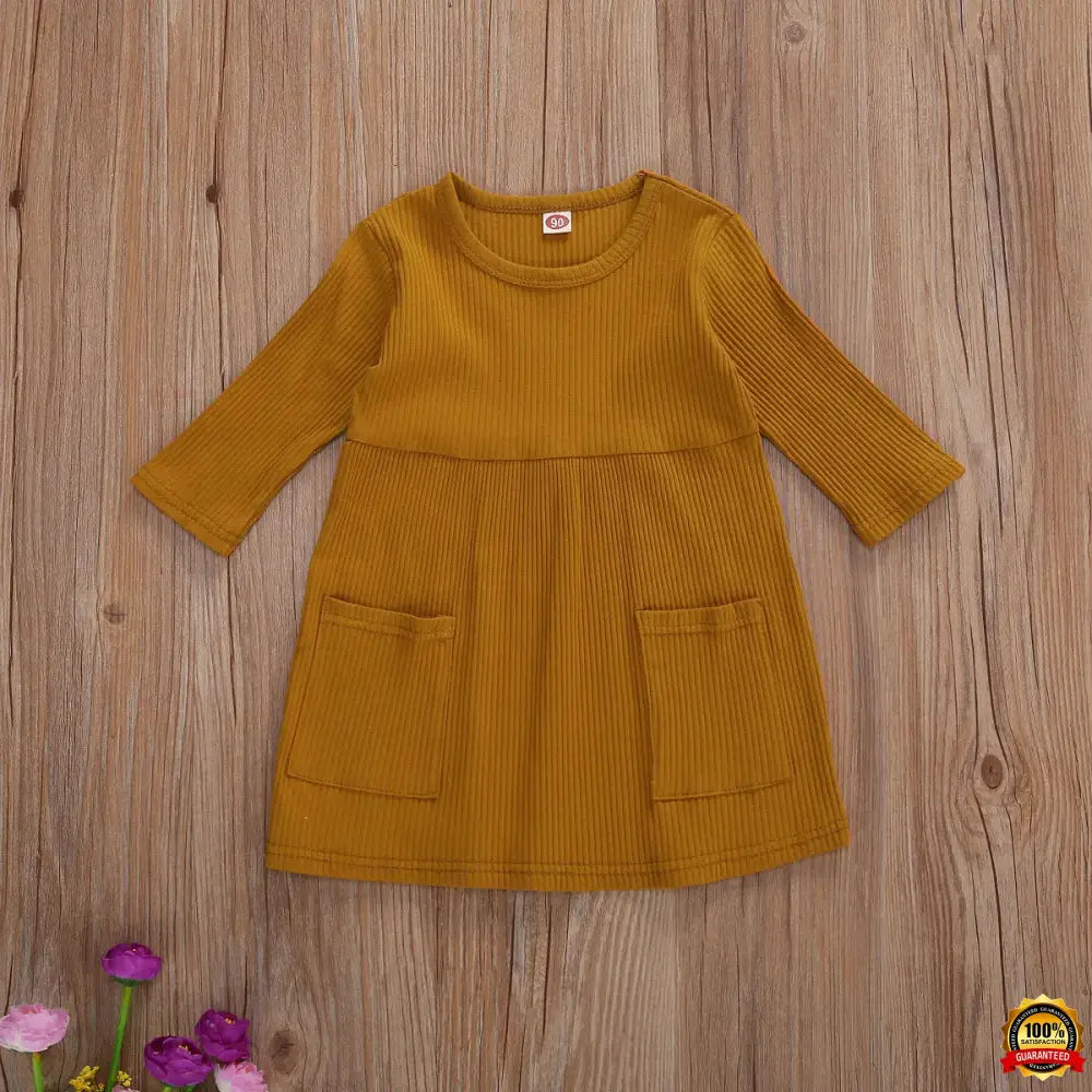 4 Colors Infant Baby Girls Autumn Knit Dress Three Quarter Sleeve Solid Pocket Knee Length A-Line Dress