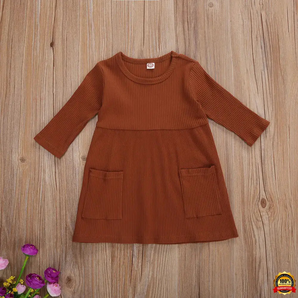 4 Colors Infant Baby Girls Autumn Knit Dress Three Quarter Sleeve Solid Pocket Knee Length A-Line Dress