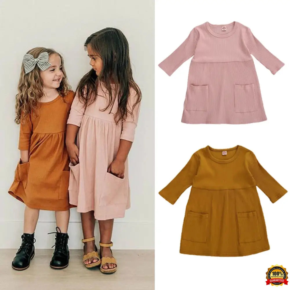 4 Colors Infant Baby Girls Autumn Knit Dress Three Quarter Sleeve Solid Pocket Knee Length A-Line Dress