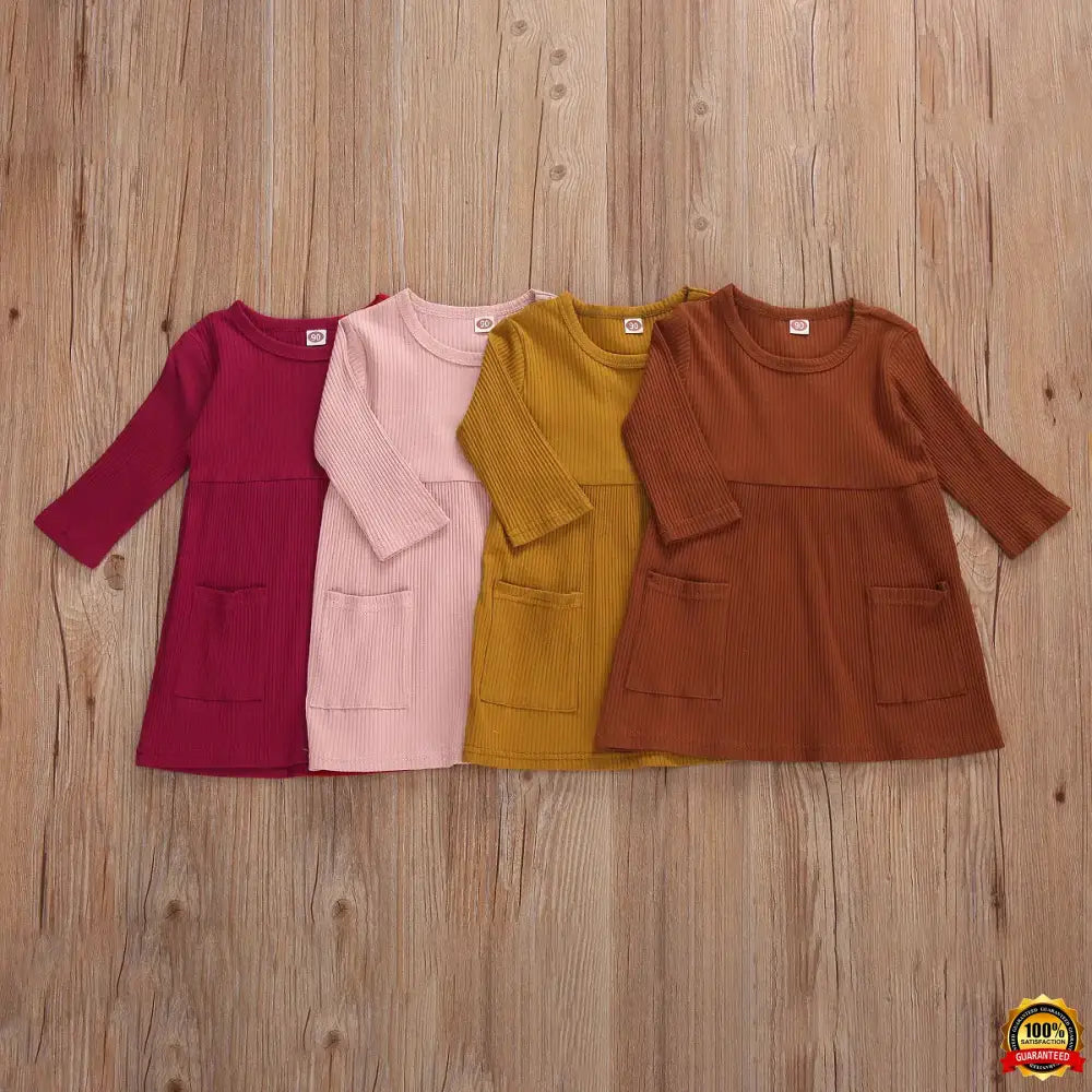 4 Colors Infant Baby Girls Autumn Knit Dress Three Quarter Sleeve Solid Pocket Knee Length A-Line Dress