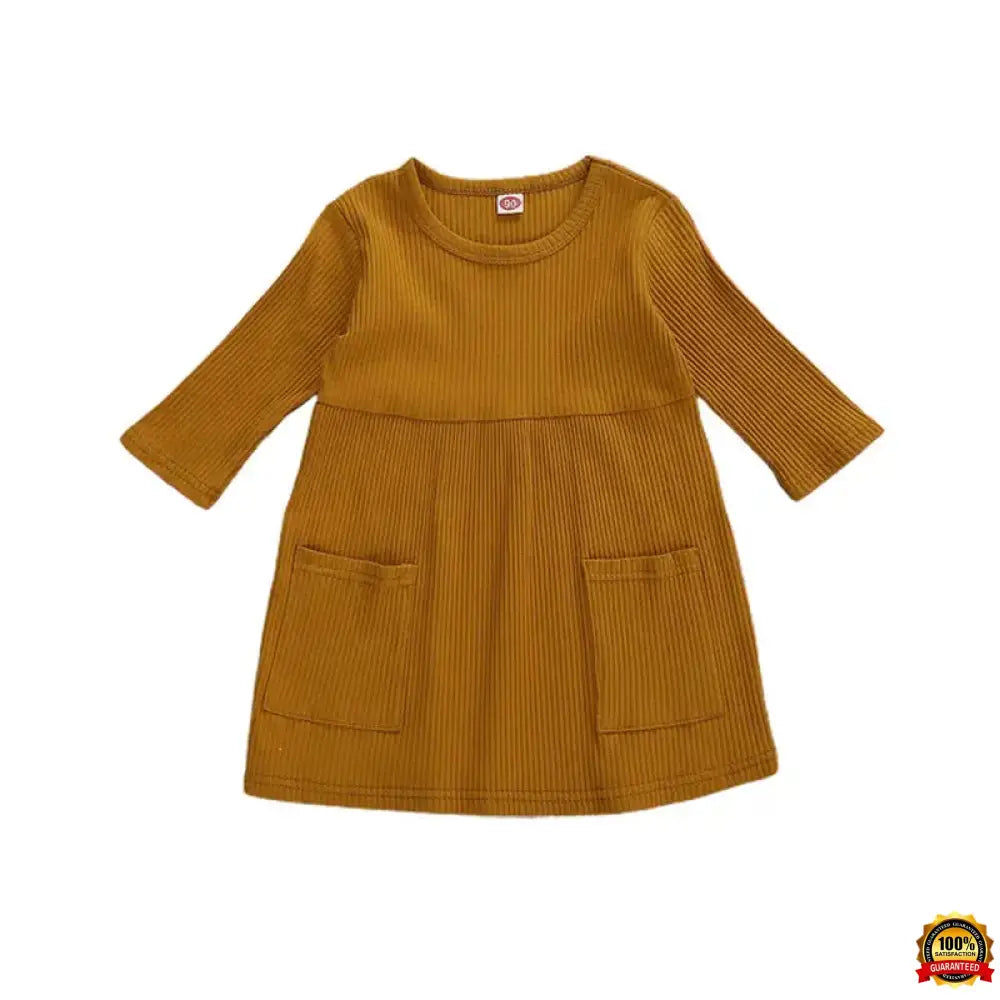 4 Colors Infant Baby Girls Autumn Knit Dress Three Quarter Sleeve Solid Pocket Knee Length A-Line Dress