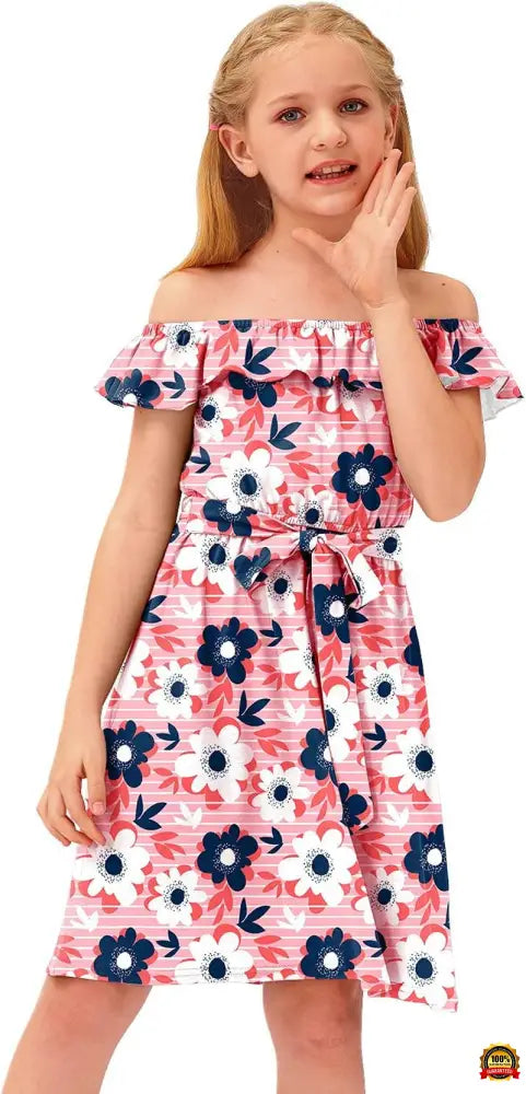 Girl'S Casual Ruffle Elastic Neckline off Shoulder Floral Midi Dress 3-14 Years