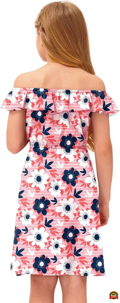 Girl'S Casual Ruffle Elastic Neckline off Shoulder Floral Midi Dress 3-14 Years