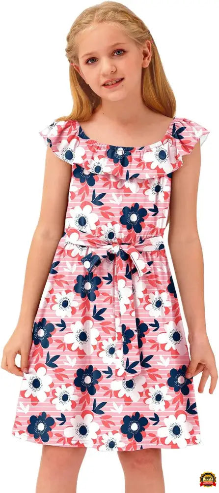 Girl'S Casual Ruffle Elastic Neckline off Shoulder Floral Midi Dress 3-14 Years