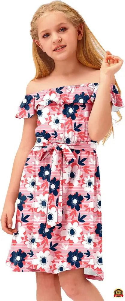 Girl'S Casual Ruffle Elastic Neckline off Shoulder Floral Midi Dress 3-14 Years