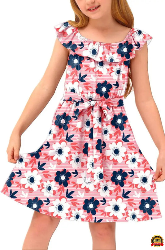 Girl'S Casual Ruffle Elastic Neckline off Shoulder Floral Midi Dress 3-14 Years