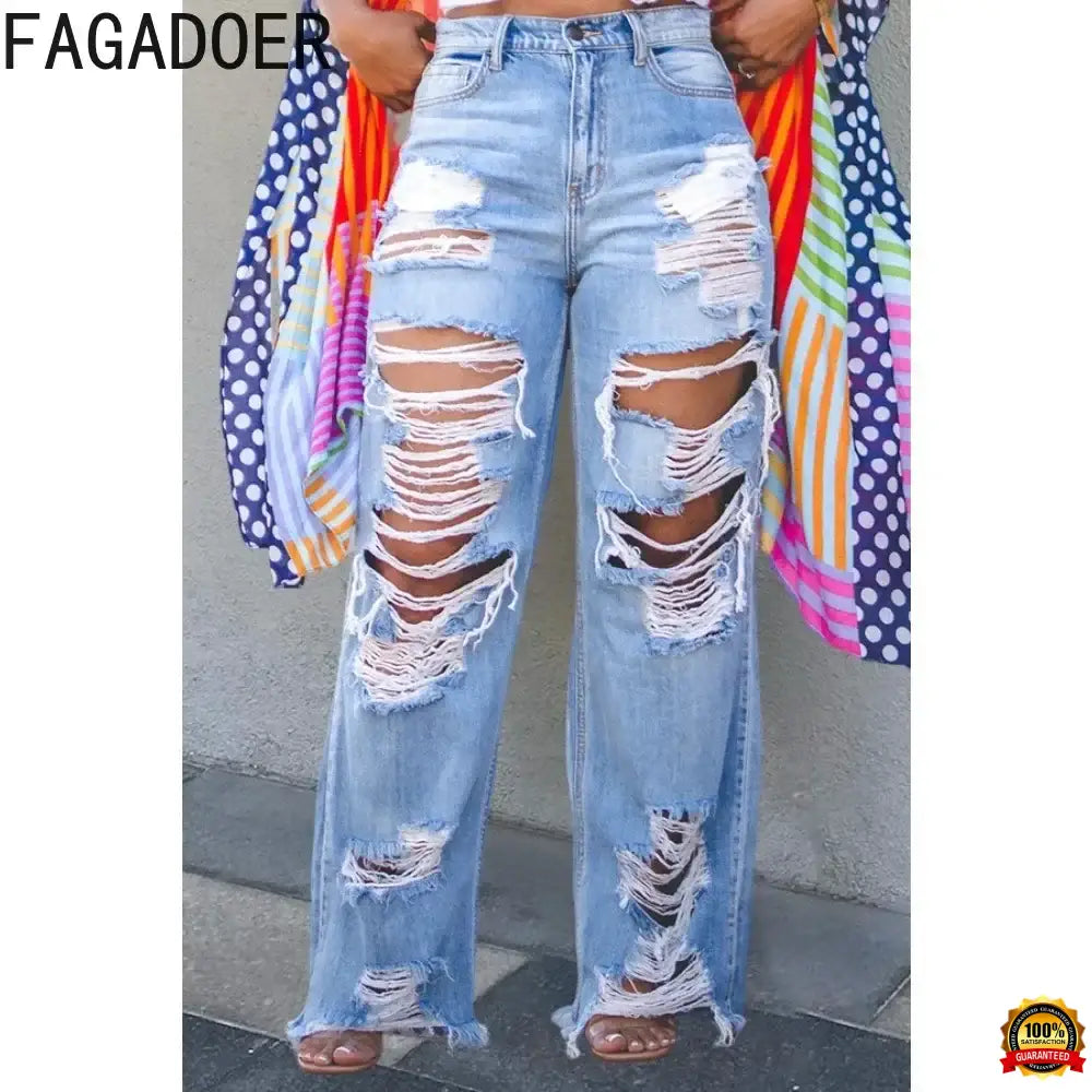 Fagadoer Fashion Hole Straight Jeans Pants Women High Waist Button Pocket Loose Denim Trousers Blue