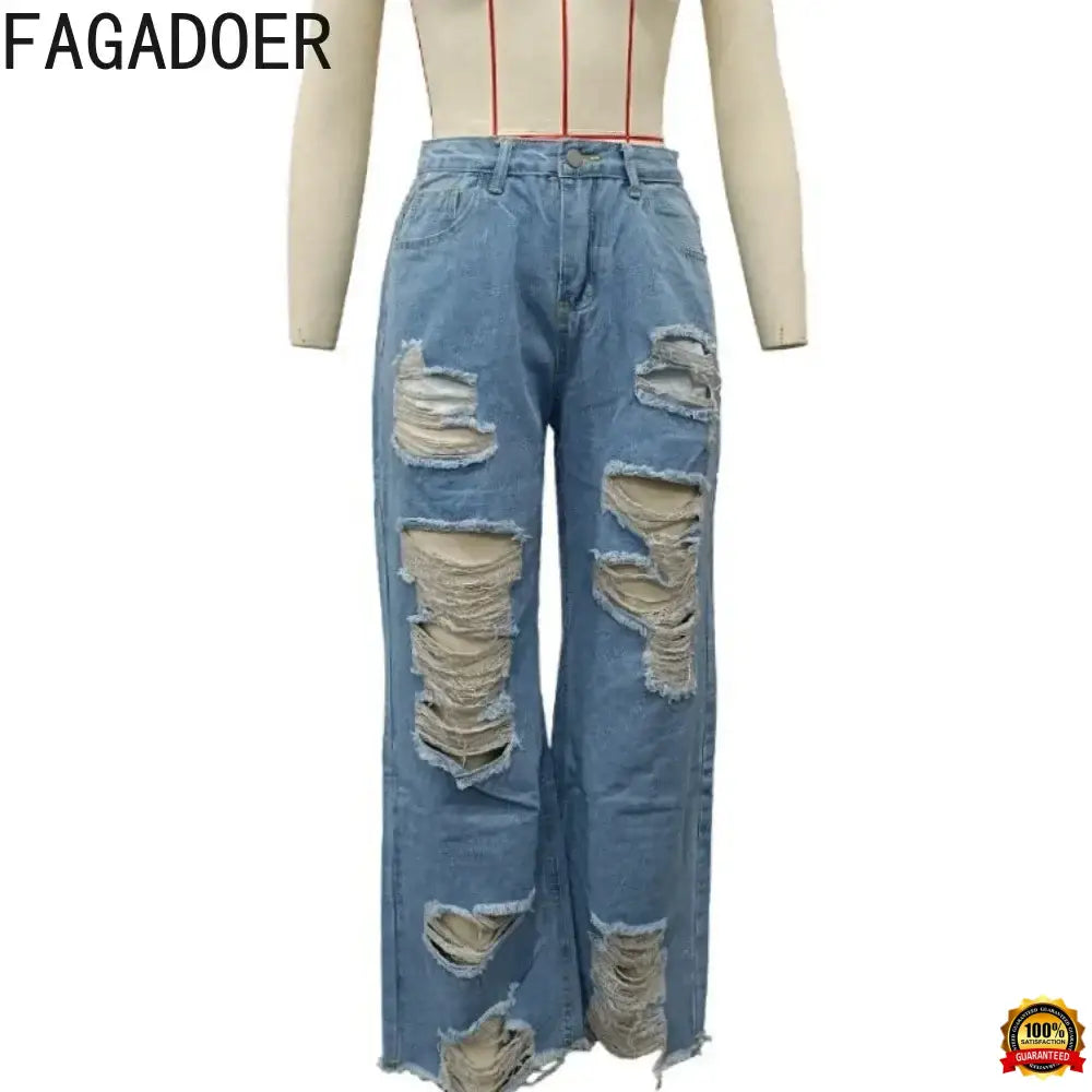 Fagadoer Fashion Hole Straight Jeans Pants Women High Waist Button Pocket Loose Denim Trousers Blue