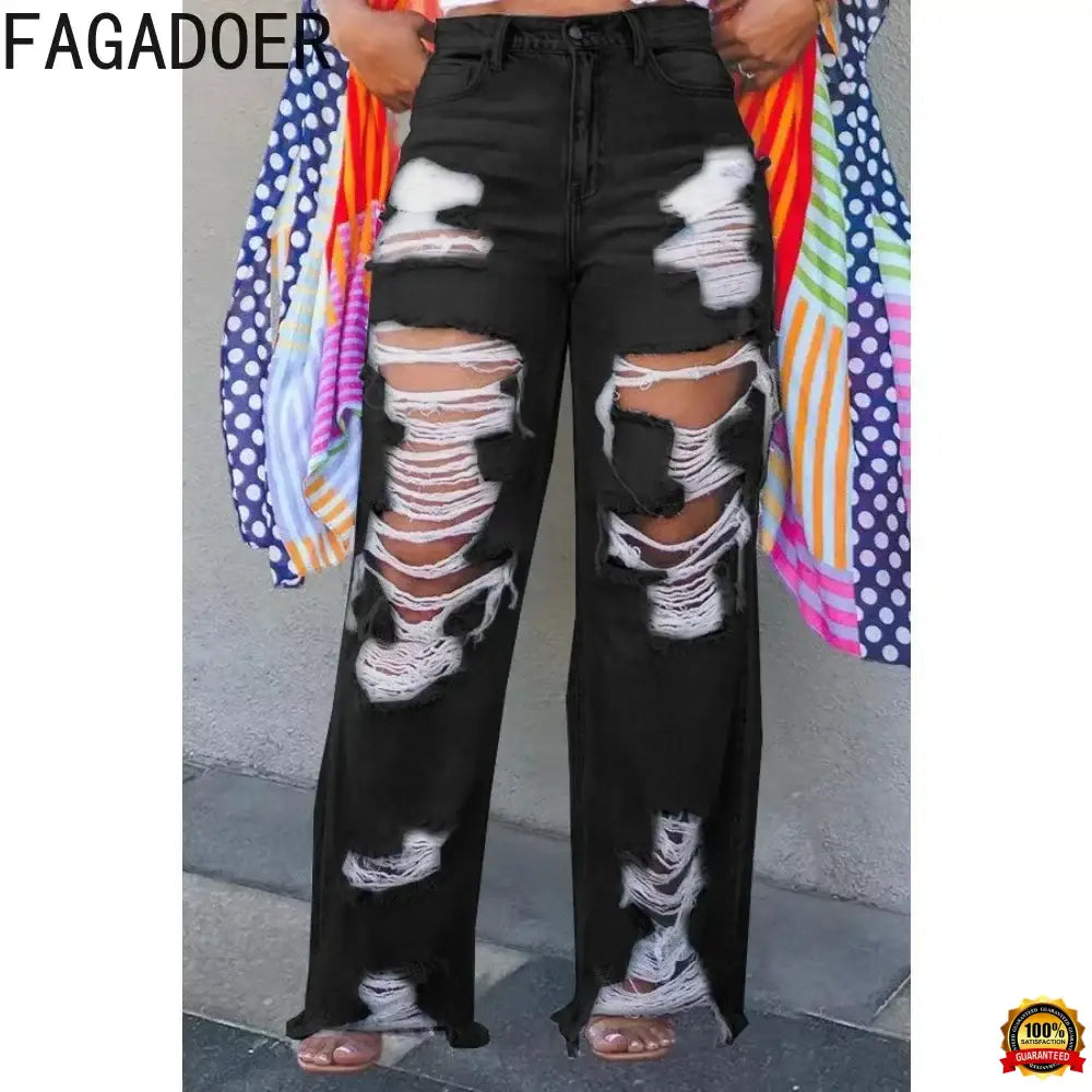 Fagadoer Fashion Hole Straight Jeans Pants Women High Waist Button Pocket Loose Denim Trousers Blue