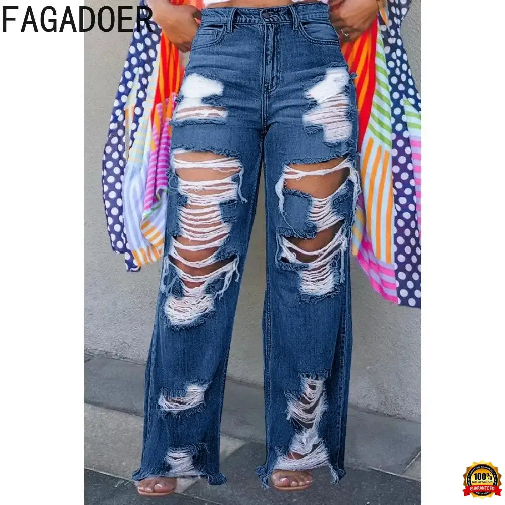 Fagadoer Fashion Hole Straight Jeans Pants Women High Waist Button Pocket Loose Denim Trousers Blue