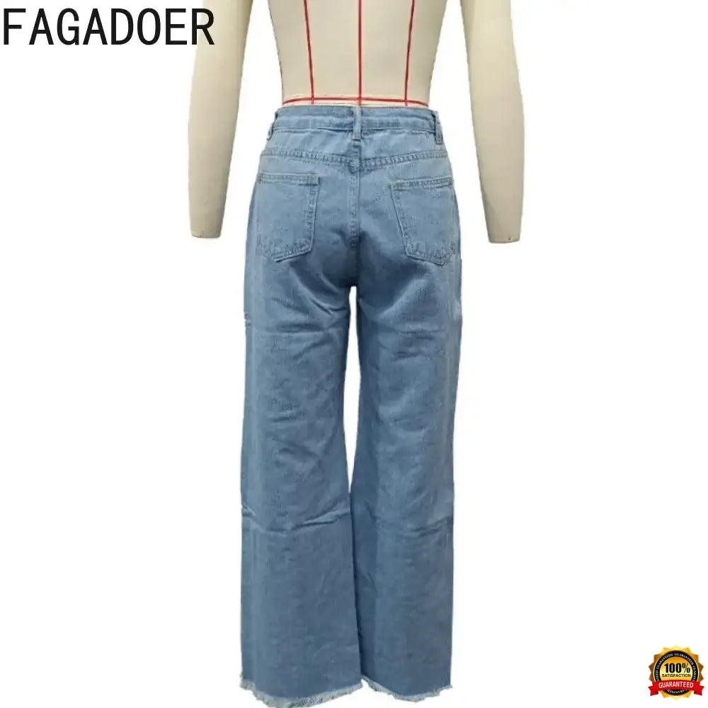 Fagadoer Fashion Hole Straight Jeans Pants Women High Waist Button Pocket Loose Denim Trousers Blue